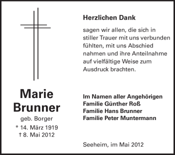 Traueranzeige von Marie Brunner von Echo-Zeitungen (Gesamtausgabe)