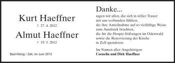 Traueranzeige von Kurt und Almut Haeffner von Odenwälder Echo