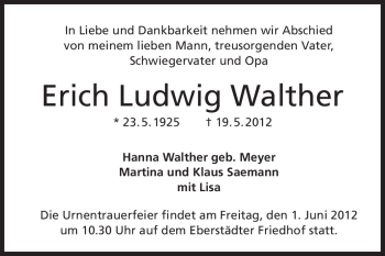 Traueranzeige von Erich Ludwig Walther von Echo-Zeitungen (Gesamtausgabe)