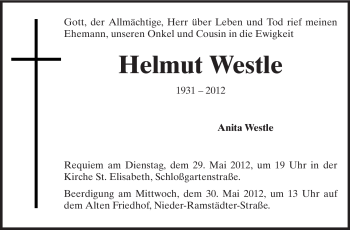 Traueranzeige von Helmut Westle von Echo-Zeitungen (Gesamtausgabe)