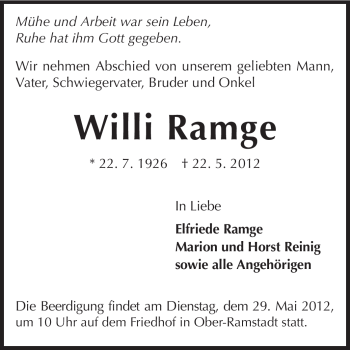 Traueranzeige von Willi Ramge von Darmstädter Echo, Odenwälder Echo, Rüsselsheimer Echo, Groß-Gerauer-Echo, Ried Echo