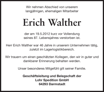 Traueranzeige von Erich Walther von Darmstädter Echo, Odenwälder Echo, Rüsselsheimer Echo, Groß-Gerauer-Echo, Ried Echo