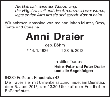 Traueranzeige von Anni Draier von Echo-Zeitungen (Gesamtausgabe)