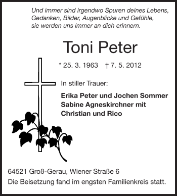 Traueranzeige von Toni Peter von Rüsselsheimer Echo, Groß-Gerauer-Echo, Ried Echo