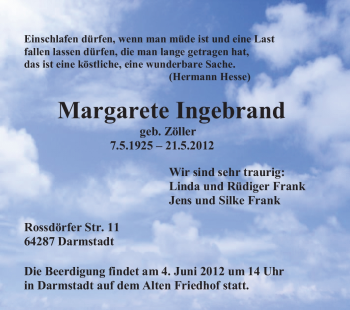 Traueranzeige von Margarete Ingebrand von Darmstädter Echo, Odenwälder Echo, Rüsselsheimer Echo, Groß-Gerauer-Echo, Ried Echo