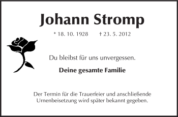 Traueranzeige von Johann Stromp von Rüsselsheimer Echo, Groß-Gerauer-Echo, Ried Echo