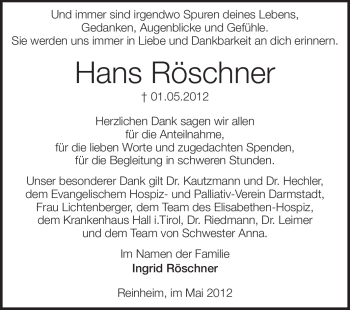 Traueranzeige von Hans Röschner von Echo-Zeitungen (Gesamtausgabe)