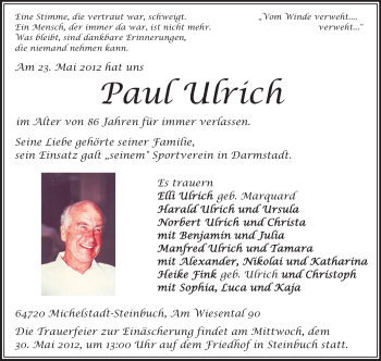 Traueranzeige von Paul Ulrich von Echo-Zeitungen (Gesamtausgabe)