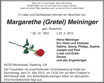 Traueranzeige von Margarethe Meininger von Odenwälder Echo