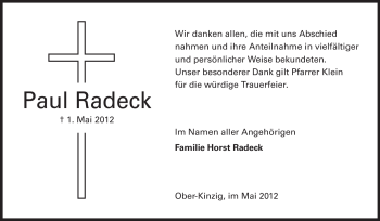 Traueranzeige von Paul Radeck von Odenwälder Echo