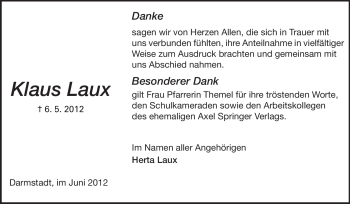Traueranzeige von Klaus Laux von Darmstädter Echo, Odenwälder Echo, Rüsselsheimer Echo, Groß-Gerauer-Echo, Ried Echo
