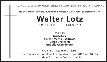 Traueranzeige von Walter Lotz von Echo-Zeitungen (Gesamtausgabe)