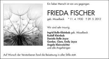 Traueranzeige von Frieda Fischer von Darmstädter Echo, Odenwälder Echo, Rüsselsheimer Echo, Groß-Gerauer-Echo, Ried Echo