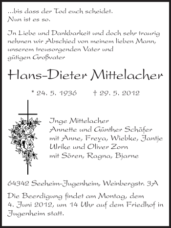 Traueranzeige von Hans-Dieter Mittelacher von Echo-Zeitungen (Gesamtausgabe)