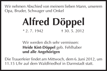 Traueranzeige von Alfred Döppel von Echo-Zeitungen (Gesamtausgabe)