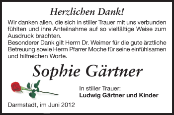 Traueranzeige von Sophie Gärtner von Darmstädter Echo, Odenwälder Echo, Rüsselsheimer Echo, Groß-Gerauer-Echo, Ried Echo
