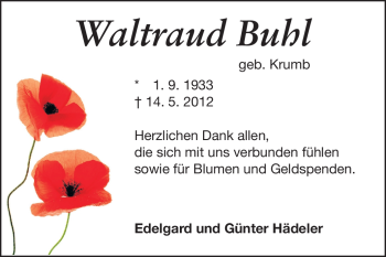 Traueranzeige von Waltraud Buhl von Echo-Zeitungen (Gesamtausgabe)