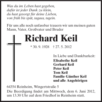 Traueranzeige von Richard Keil von Darmstädter Echo, Odenwälder Echo, Rüsselsheimer Echo, Groß-Gerauer-Echo, Ried Echo