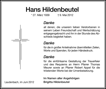 Traueranzeige von Hans Hildenbeutel von Starkenburger Echo