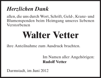 Traueranzeige von Walter Vetter von Echo-Zeitungen (Gesamtausgabe)