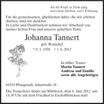 Traueranzeige von Johanna Tannert von Echo-Zeitungen (Gesamtausgabe)