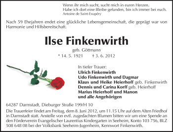 Traueranzeige von Ilse Finkenwirth von Echo-Zeitungen (Gesamtausgabe)