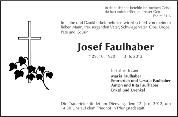 Traueranzeige von Josef Faulhaber von Darmstädter Echo, Odenwälder Echo, Rüsselsheimer Echo, Groß-Gerauer-Echo, Ried Echo