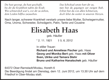 Traueranzeige von Elisabeth Haas von Echo-Zeitungen (Gesamtausgabe)