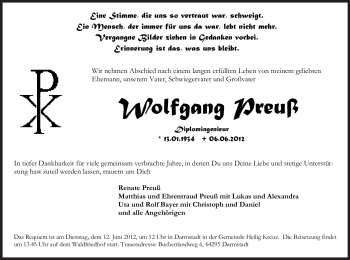 Traueranzeige von Wolfgang Preuß von Echo-Zeitungen (Gesamtausgabe)