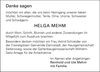 Traueranzeige von Helga Mehm von Darmstädter Echo, Odenwälder Echo, Rüsselsheimer Echo, Groß-Gerauer-Echo, Ried Echo
