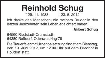 Traueranzeige von Reinhold Schug von Echo-Zeitungen (Gesamtausgabe)