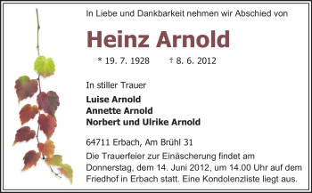 Traueranzeige von Heinz Arnold von Odenwälder Echo