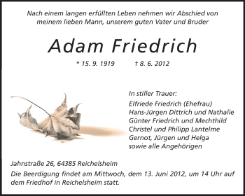 Traueranzeige von Adam Friedrich von Rüsselsheimer Echo, Groß-Gerauer-Echo, Ried Echo