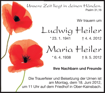 Traueranzeige von Ludwig und Maria Heiler von Odenwälder Echo