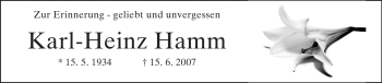 Traueranzeige von Karl-Heinz Hamm von Darmstädter Echo, Odenwälder Echo, Rüsselsheimer Echo, Groß-Gerauer-Echo, Ried Echo