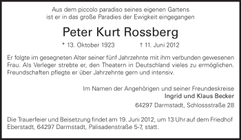 Traueranzeige von Peter Kurt Rossberg von Echo-Zeitungen (Gesamtausgabe)