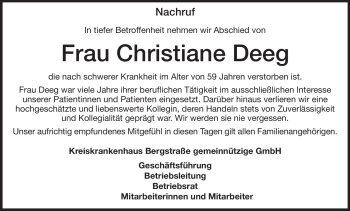 Traueranzeige von Christiane Deeg von Starkenburger Echo