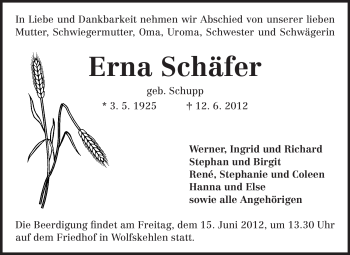 Traueranzeige von Erna Schäfer von Rüsselsheimer Echo, Groß-Gerauer-Echo, Ried Echo