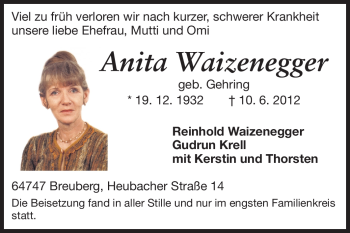 Traueranzeige von Anita Waizenegger von Darmstädter Echo, Odenwälder Echo, Rüsselsheimer Echo, Groß-Gerauer-Echo, Ried Echo