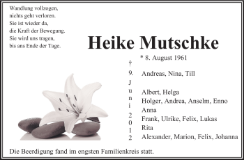 Traueranzeige von Heike Mutschke von Odenwälder Echo