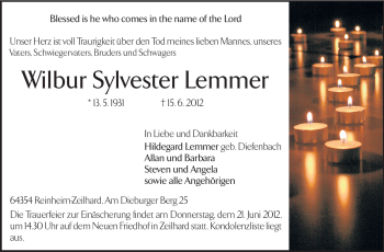 Traueranzeige von Wilbur Sylvester Lemmer von Echo-Zeitungen (Gesamtausgabe)