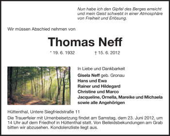 Traueranzeige von Thomas Neff von Odenwälder Echo