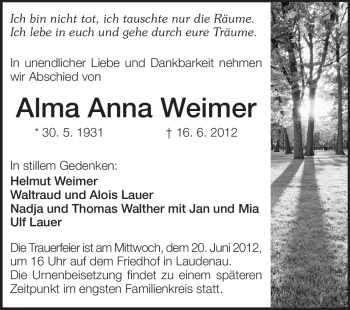 Traueranzeige von Alma Anna Weimer von Odenwälder Echo