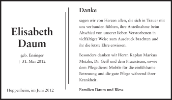 Traueranzeige von Elisabeth Daum von Starkenburger Echo