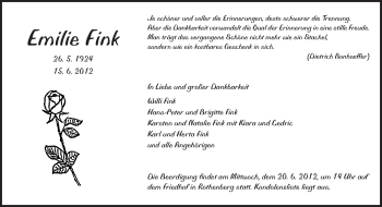 Traueranzeige von Emilie Fink von Odenwälder Echo