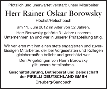 Traueranzeige von Rainer Oskar Borowsky von Odenwälder Echo