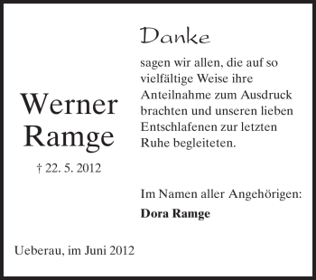 Traueranzeige von Werner Ramge von Echo-Zeitungen (Gesamtausgabe)