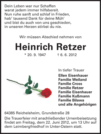 Traueranzeige von Heinrich Retzer von Odenwälder Echo