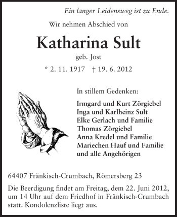 Traueranzeige von Katharina Sult von Echo-Zeitungen (Gesamtausgabe)