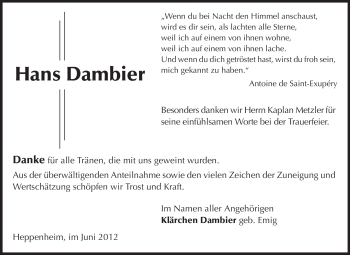 Traueranzeige von Hans Dambier von Starkenburger Echo